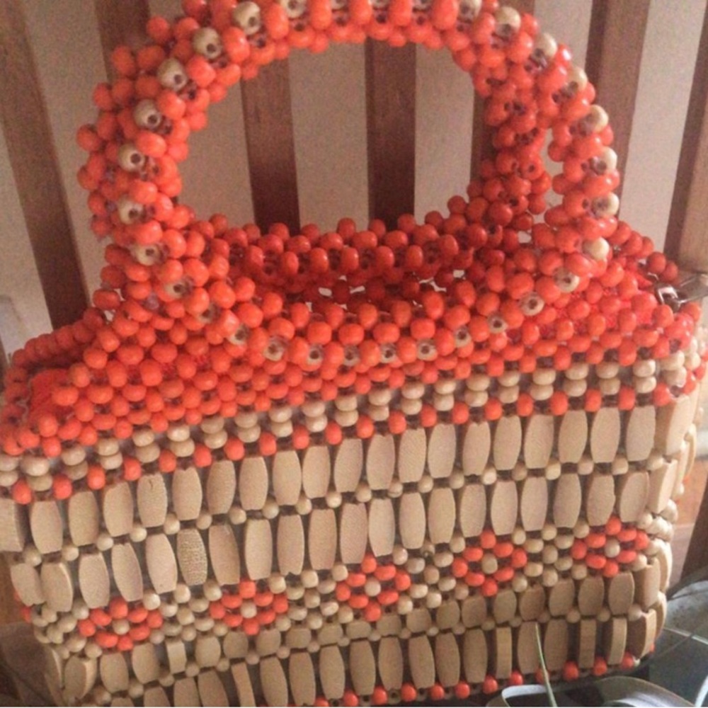 Beaded and Wooden Orange Purse